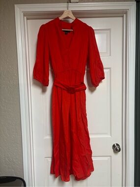 Fifteen Twenty red  Belted Midi Dress 100% linen
